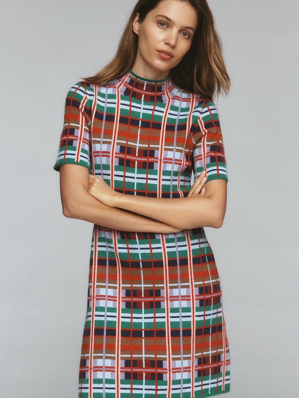 New！Anthropologie Plaid Knit Mini Dress in Green, Rust, Pink and White SizeL